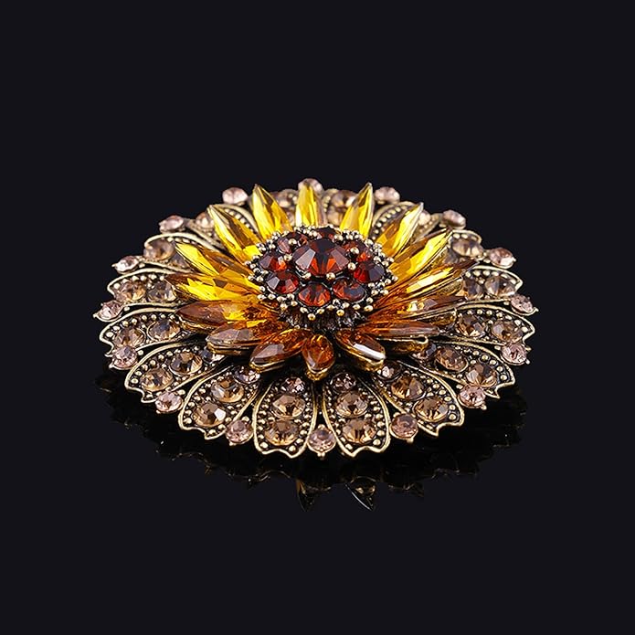 Rhinestone Crystal Flower Brooch for Women - Sparkling Large Sunflower Brooch with Vintage Floral Design - Elegant Lapel Pin for Wedding, Bridal Dresses, Jackets & Scarves