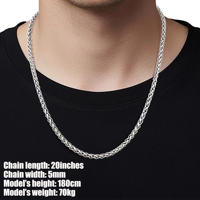 Fiusem Wheat Chains for Men and Women, 2/2.5/3/4/5mm Silver Tone/14K Gold Plated/Black Necklace Chain, Stainless Steel Mens Necklace 16-28 Inch