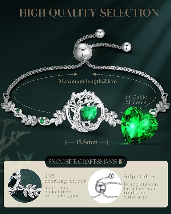 FANCIME Tree of life Birthstone Bracelet for Women Sterling Silver Tree Jewelry Birthstone Charm Bracelet Gemstone Anniversary Birthday Christmas Gifts for Wife Mom Her