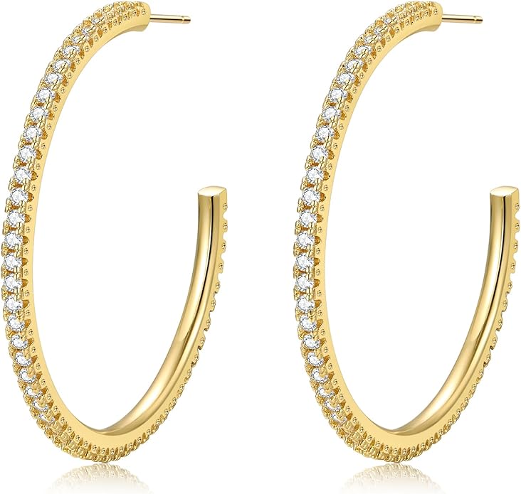 925 Sterling Silver Earrings Large Rhinestone Hoop Earrings Big Cubic Zirconia Hoop Earrings Thin Rhinestones Round Hoop Earrings for Women 20/30/40/50/60/70mm Sparkly Hoops With Crystals for Womens