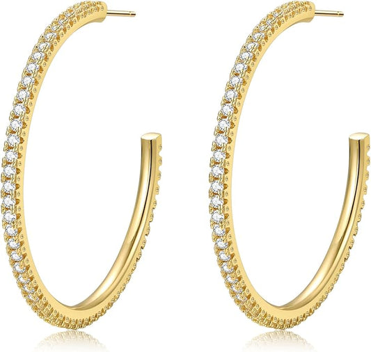 925 Sterling Silver Earrings Large Rhinestone Hoop Earrings Big Cubic Zirconia Hoop Earrings Thin Rhinestones Round Hoop Earrings for Women 20/30/40/50/60/70mm Sparkly Hoops With Crystals for Womens