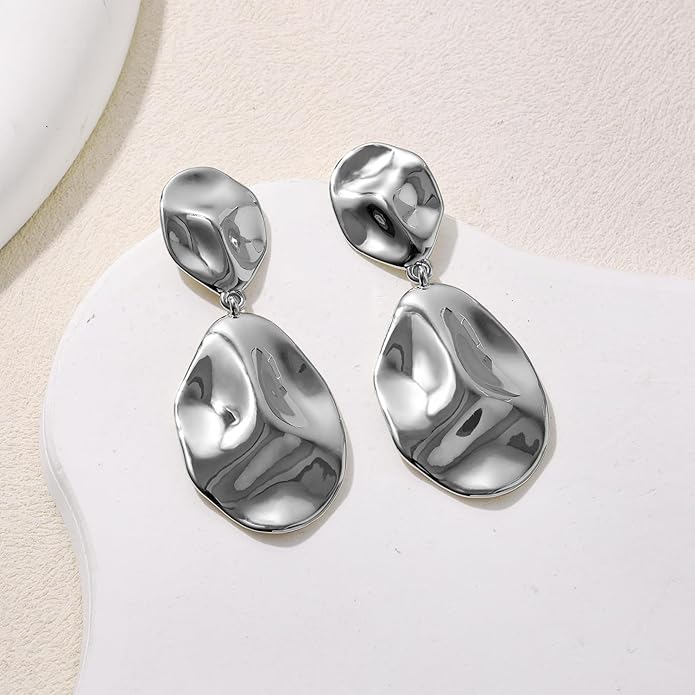 Hefanny Large Hammered Teardrop Dangle Earrings Geometric Chunky Flower Earrings Women's Trendy Statement Jewelry Multiple Styles