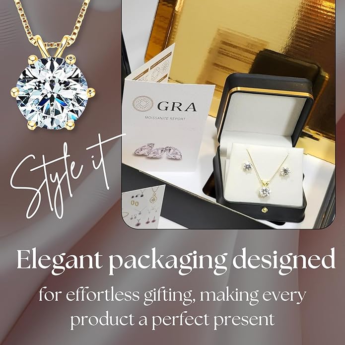 925 Sterling Silver Moissanite Jewelry Set - Classic European Design Necklace Earrings Set with Round Cut Moissanite Pendant - Adjustable Chain - Gift Box