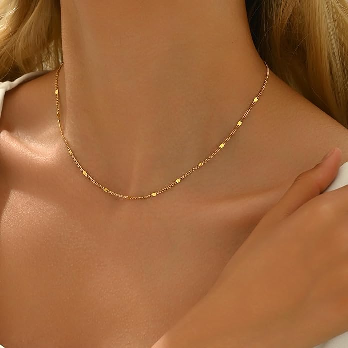 Dainty Chain Necklace for Women, 18K Gold Plated Coin Disc Choker Necklaces Simple Satellite Beaded Twisted Thin Paper Clip Chain Everyday Jewelry Gifts