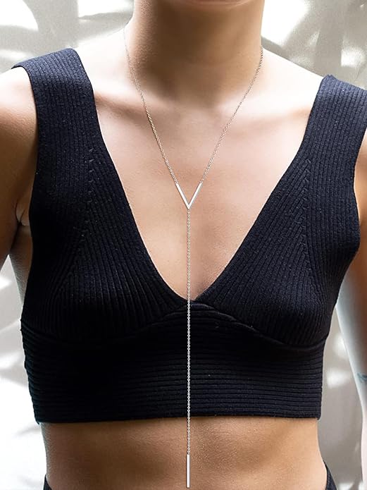 FOCALOOK Long Necklaces for Women 14K Gold Plated Dainty Drop Bar Pendant Lariat Y-Shaped Necklace Earring Set 28inch/73cm