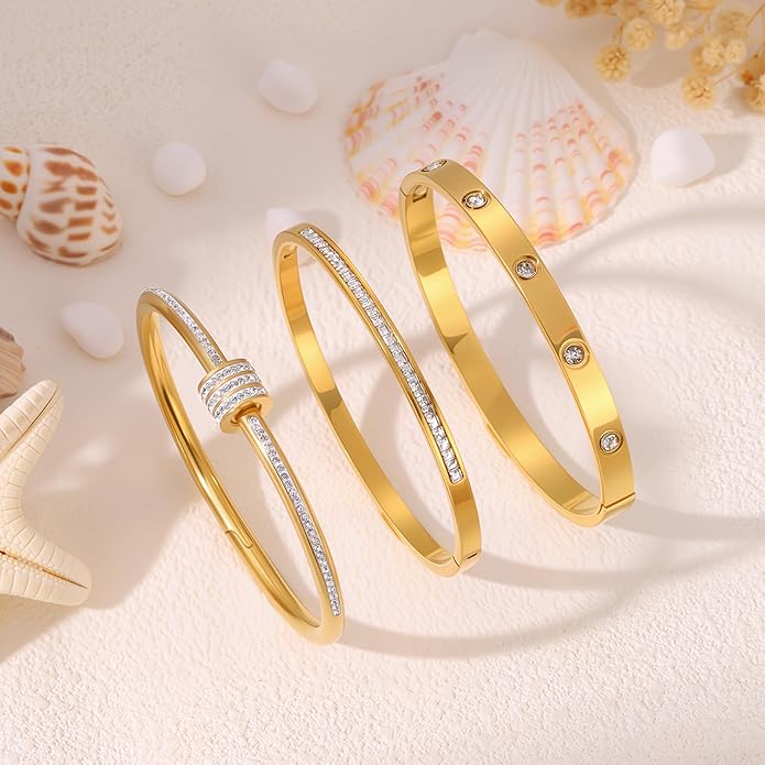 Gold Bracelets for Women - Stackable Bangles with Friendship & Love Theme - Stainless Steel Jewelry Gift for Her