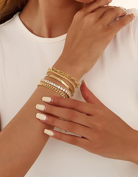 Gold Bracelets for Women 14K Gold Plated Stack Trend Bracelets Charm Paperclip Chain Cuban Link Layered Waterproof Bracelet Dainty Bracelet for Women Jewelry Gifts