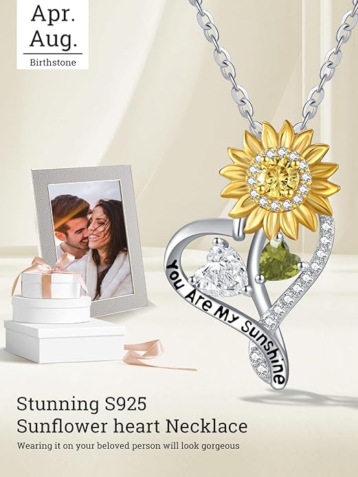 Zeuslia Double Birthstone Necklace Gifts for Wife - 925 Sterling Silver Sunflower/Rose/Crown Cross/Compass/Heart Pendant I Love You Necklace, Anniversary Birthday Gifts for Wife Girlfriend Mom Her