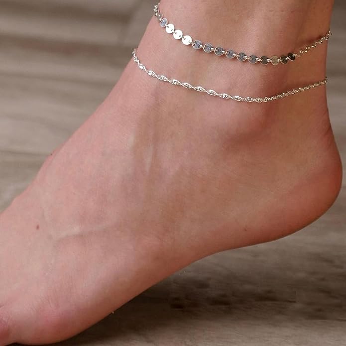 Pencros Dainty Layered Anklet,14K Gold Filled Cute Beads Satellite Chain Heart Boho Adjustable Anklets for Women