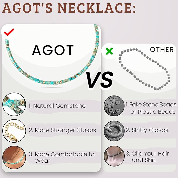 AGOT Beaded Gemstone Necklace for Women: Boho Bead Choker Natural Stone Necklaces - Handmade Jewelry for Summer Beach