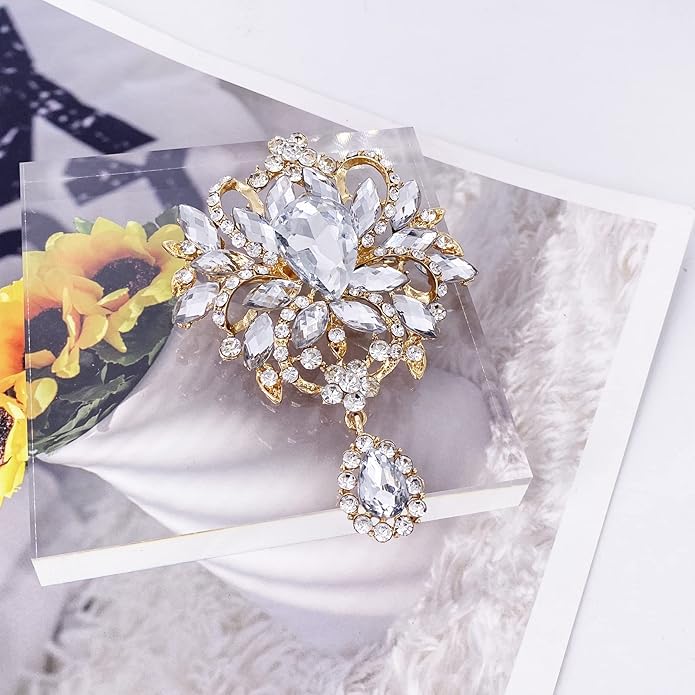 LAXPICOL Wedding Bridal Big Brown Crystal Rhinestone Bouquet Brooch Pin for Women Golden Tone
