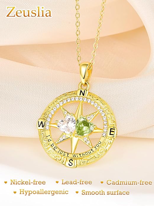 Zeuslia Double Birthstone Necklace Gifts for Wife - 925 Sterling Silver Sunflower/Rose/Crown Cross/Compass/Heart Pendant I Love You Necklace, Anniversary Birthday Gifts for Wife Girlfriend Mom Her