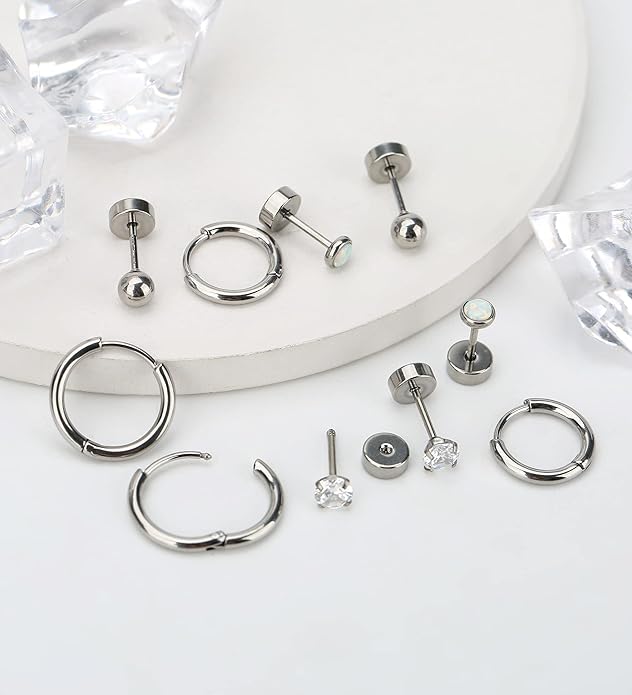 MJust Titanium Earrings for Sensitive Ears 20G Hypoallergenic Stud Hoop Earrings for Women Men Opal Ball CZ Heart Pearl Flat Back Earrings Cartilage Earrings Set