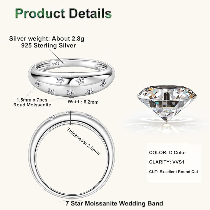 Moissanite Ring for Women D Color VVS1 Clarity 7 Star Ring 925 Sterling Silver Chunky Stackable Bands for Women or Men