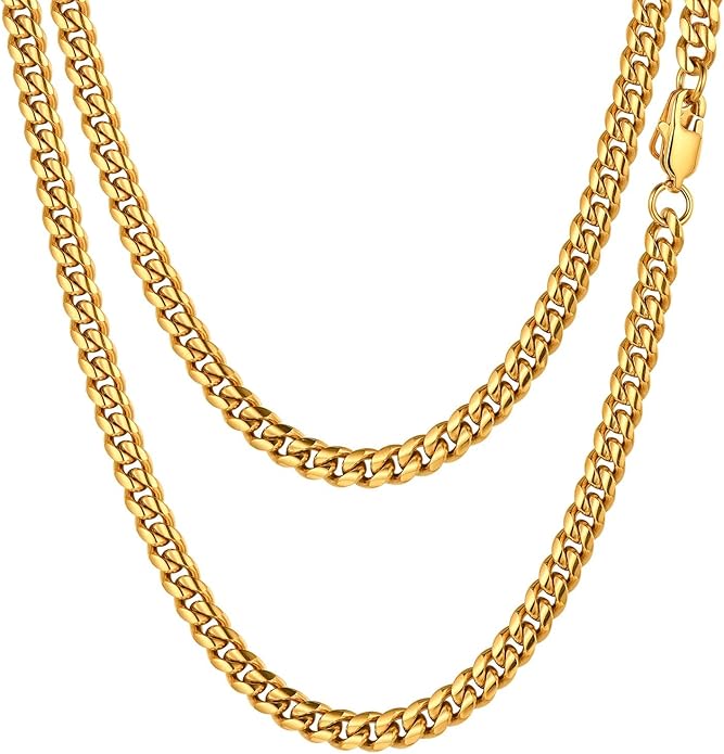 PROSTEEL 316L Stainless Steel Figaro Cuban Chain Necklace for Men, Black/18K Real Gold Plated, 4/5/6/7.5/9/10/13mm, 14inch-30inch, Come with Box
