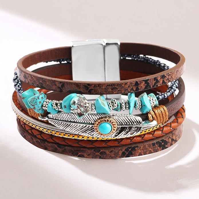 Fesciory Leopard Bracelet for Women, Boho Leather Wrap Multi-Layer Pearl Crystal Bracelet Bangle Jewelry