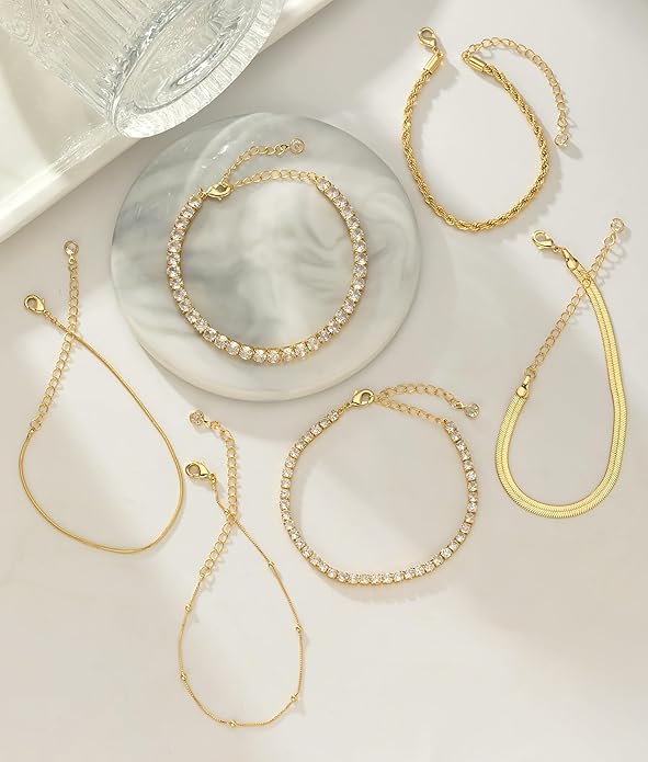 Gold Bracelets for Women 14K Gold Plated Stack Trend Bracelets Charm Paperclip Chain Cuban Link Layered Waterproof Bracelet Dainty Bracelet for Women Jewelry Gifts