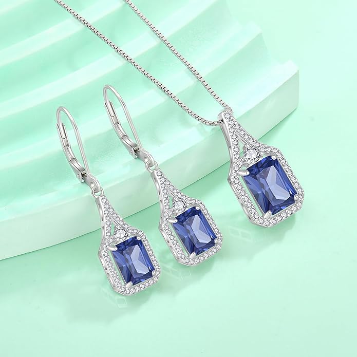 Emerald Cut Dangle Drop Earrings 925 Sterling Silver Halo Rectangular Leverback Earrings Birthstone Jewelry for Women