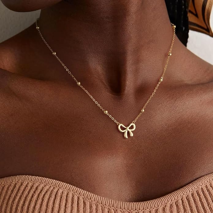 Gold Necklace for Women Dainty Bow Necklace 14K Gold Plated Cute Choker Necklace Small Bow Pendant Charm Necklaces Teen Gift Trendy Stuff Personalized Jewelry Gifts