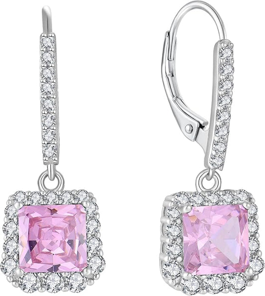 Square Dangle Drop Earrings Sterling Silver Halo Leverback Earrings Birthstone Jewelry for Women