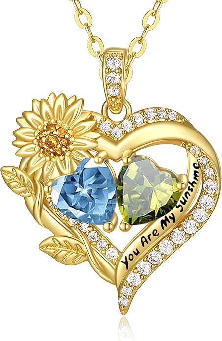 Sunflower Heart Necklace for Women 14K Gold Exquisite Anniversary Birthday Gifts for Wife Mother Her Double Birthstone Pendant jewelry‘You Are My Sunshine’