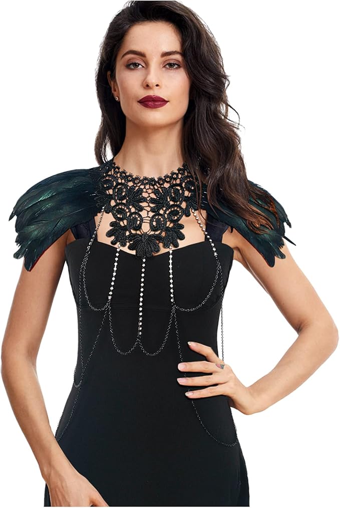 L'VOW Real Black Feather Harness Lace Collar Necklace Bib Halloween