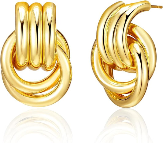 Chunky Gold Geometric Earrings for Women, Lightweight Gold Knot Dangle Drop Statement Dupes Long Link Earrings, Hypoallergenic Gold Plated Vintage Earrings Jewelry Trendy for Women