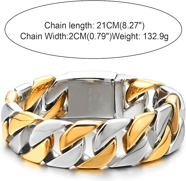 COOLSTEELANDBEYOND Mens Stainless Steel Large Curb Chain Link Bracelet Solid Curb Chain Wristband Biker Punk Jewelry Masculine Accessory
