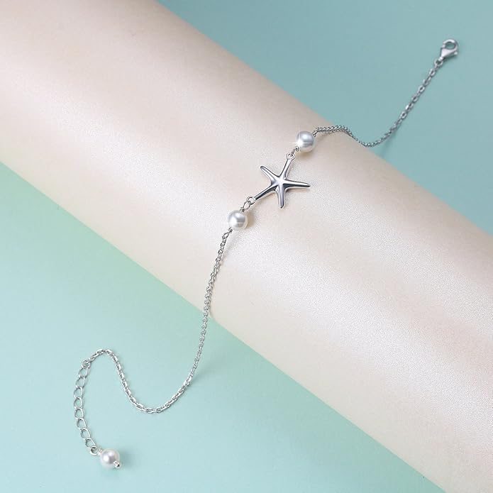 Anklet for Women S925 Sterling Silver Adjustable Foot Evil Eye Starfish Heart Bead Butterfly Celtic Knot Cross Multilayer Layered Ankle Bracelet Jewelry