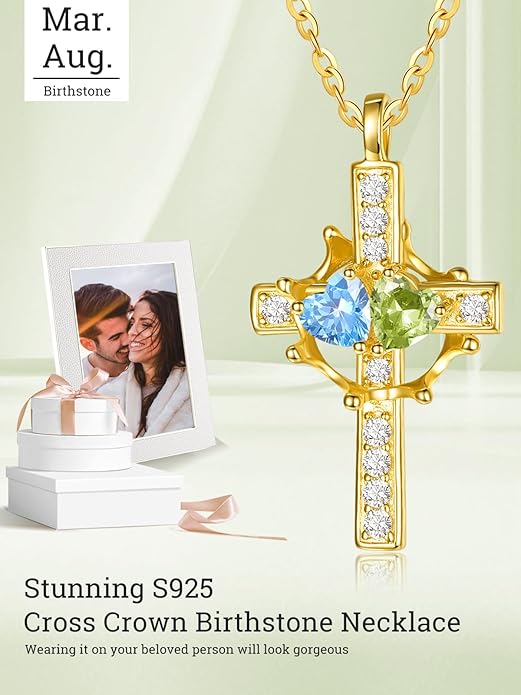 Zeuslia Double Birthstone Necklace Gifts for Wife - 925 Sterling Silver Sunflower/Rose/Crown Cross/Compass/Heart Pendant I Love You Necklace, Anniversary Birthday Gifts for Wife Girlfriend Mom Her