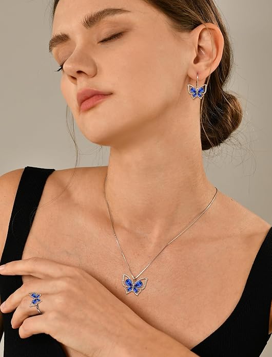 YL Women's Butterfly Necklace 925 Sterling Silver Flower Rose Pendant Birthstone Halo Jewelry