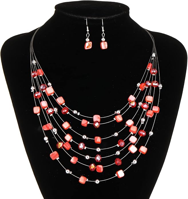 Multi-Layer Boho Shell Beaded Necklace for Women Colorful Crystal Strand with Silver Beads Statement Collars Necklace and Earrings Costumes Jewelry Sets for Women