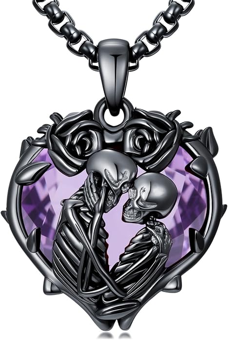 Flpruy 925 Sterling Silver Black Gothic Jewelry Gifts Skeleton Couple Pendant Crystal Birthstone Heart Necklace Punk Romantic Jewelry for Lover Men Women