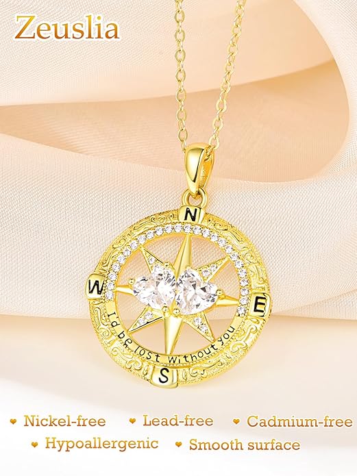Zeuslia Double Birthstone Necklace Gifts for Wife - 925 Sterling Silver Sunflower/Rose/Crown Cross/Compass/Heart Pendant I Love You Necklace, Anniversary Birthday Gifts for Wife Girlfriend Mom Her