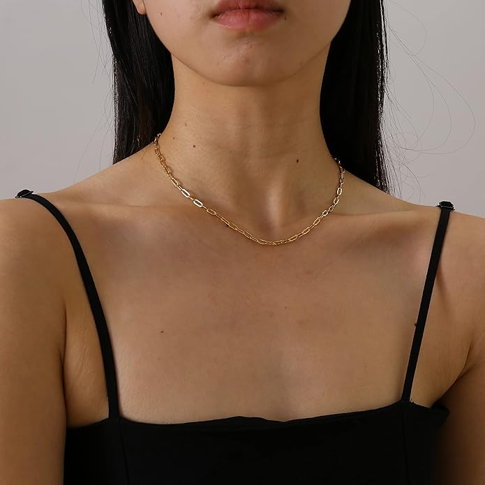 Dainty Chain Necklace for Women, 18K Gold Plated Coin Disc Choker Necklaces Simple Satellite Beaded Twisted Thin Paper Clip Chain Everyday Jewelry Gifts
