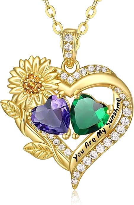 Sunflower Heart Necklace for Women 14K Gold Exquisite Anniversary Birthday Gifts for Wife Mother Her Double Birthstone Pendant jewelry‘You Are My Sunshine’