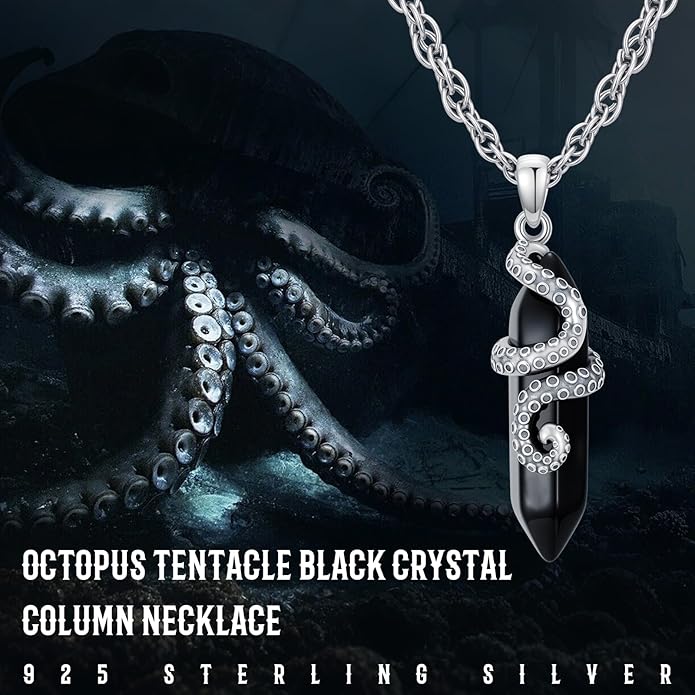OHAYOO Octopus Tentacles Necklace 925 Sterling Silver Octopus Pendent Necklace Wrapped Obsidian Octopus Jewelry Gifts for Women