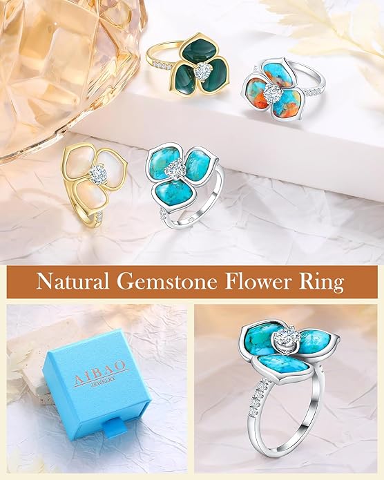 AIBAO Flower Gemstone Rings for Women Three Pental Turquoise/Malachite/Mother of Pearl Flower Ring with Cubic Zirconia Center Sterling Silver Statement Rings Size 6 to 10