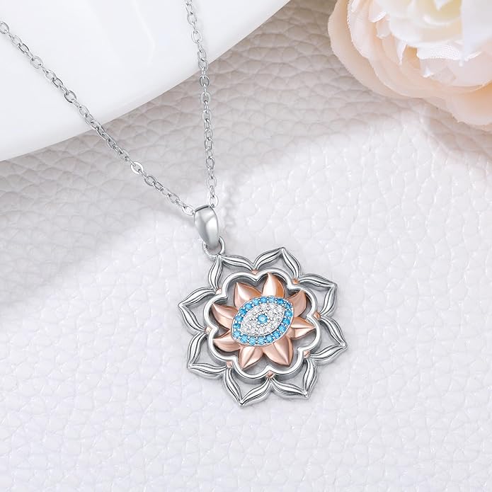 Evil Eye Necklace for Women 925 Sterling Silver, Protection Necklace with Blue Evil Eye Charm, Evil Eye/Lotus Pendant Jewelry, Birthday Christmas Gifts for Her