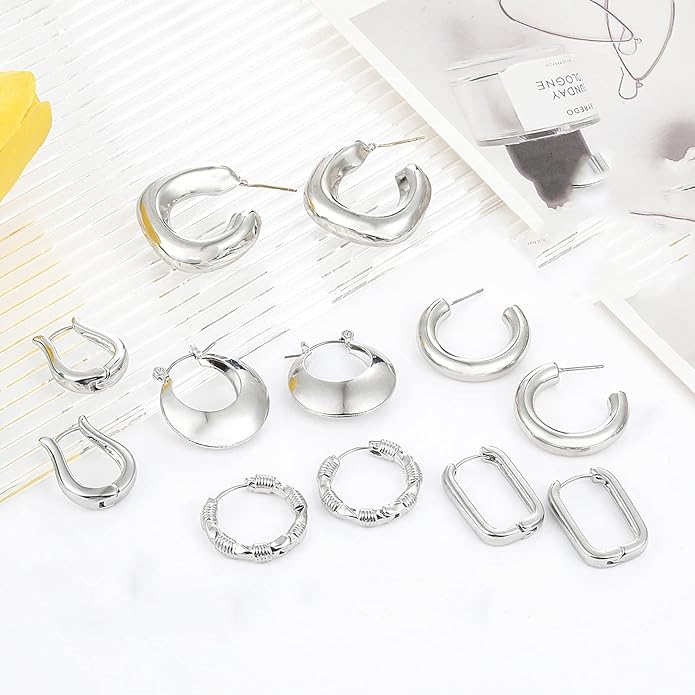 6 Pairs 14K Gold Plated Hoop Earrings for Women Lightweight Chunky Hoop Earrings Multipack Hypoallergenic, Thick Open Twisted Huggie Hoops Earring Set Jewelry for Gifts.