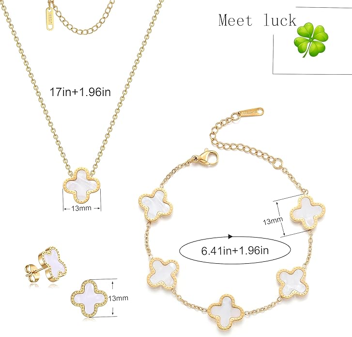 Lucky Clover Sets, 18K Gold Plated Four Leaf Bracelet, Necklace Pendant, Earrings for Women Flower Link Bracelets Set Jewelry Gifts for Women