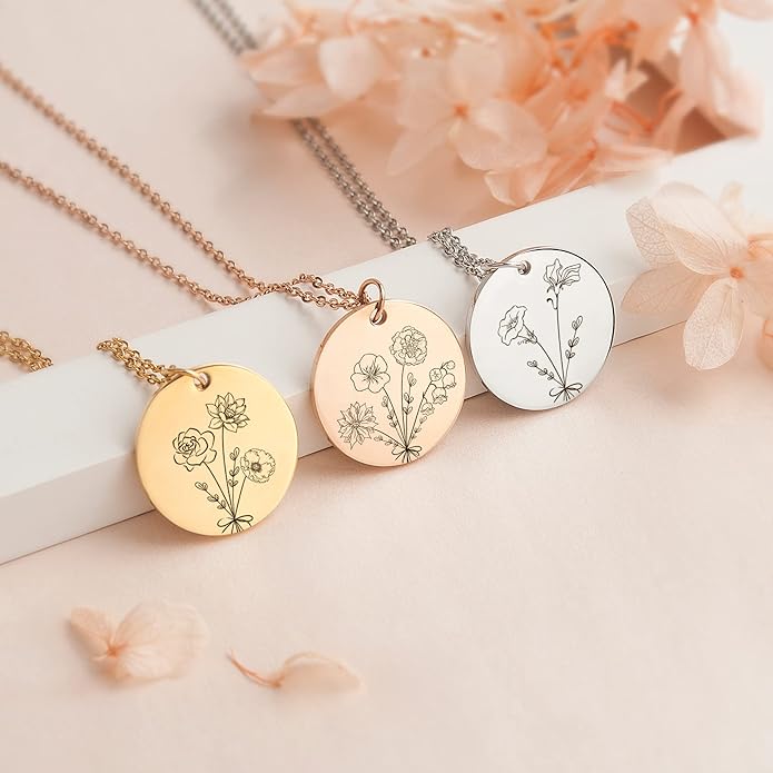 Anavia -Build Your Own Bouquet- Birthmonth Flowers Necklace, Personalized Engraved Floral Coin Necklace, Customized Birthday Gifts Love Jewelry for Her Mom Sisters Family