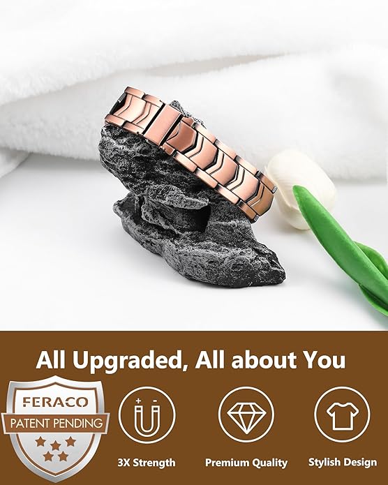 Feraco Copper Bracelet for Men 3X Strength,Magnetic Therapy Bracelet Copper Jewelry with Powerful 3800 Gauss Magnets,Premium Fold-Over Clasp