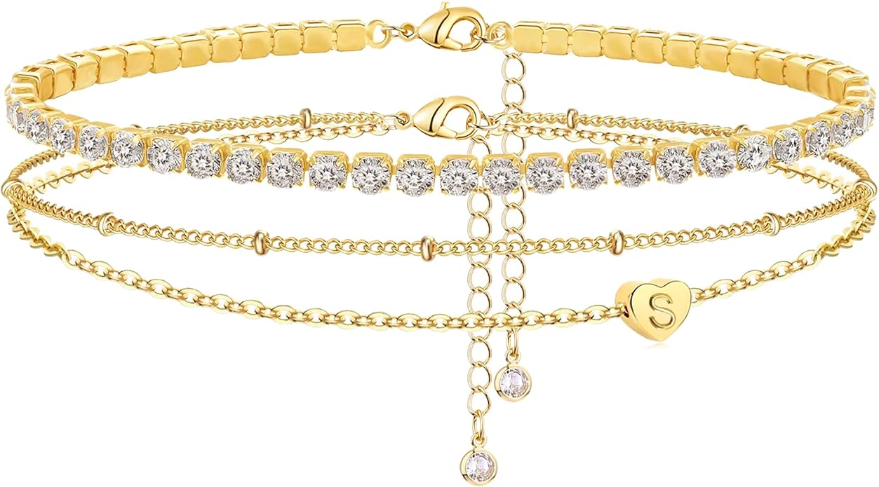Yanoda Initial Ankle Bracelets for Women, 14K Gold Plated Waterproof Dainty Layered Heart Letter Initial Anklets Personalized Gifts
