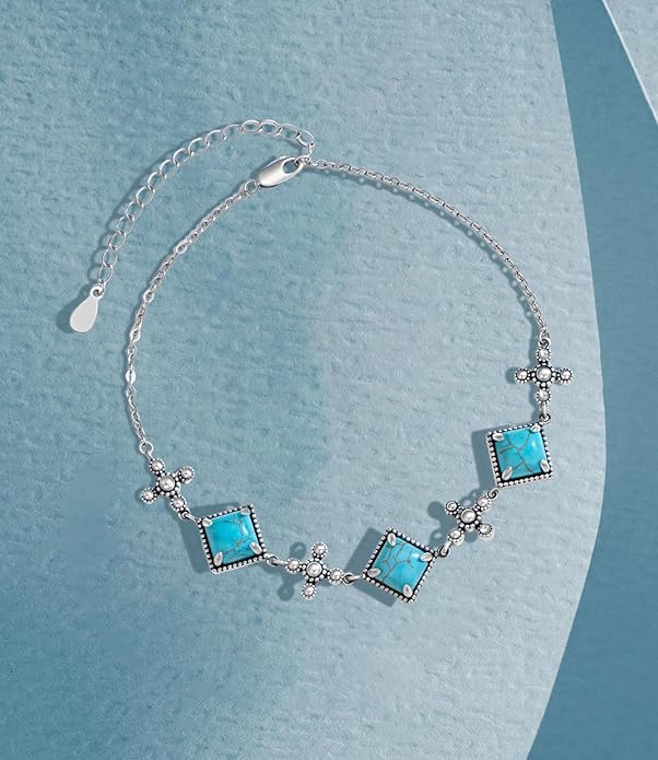 Genuine Square Turquoise Bracelets for Women 925 Sterling Silver Adjustable Real Gemstone Southwest Boho Cross Jewelry for Her 6 to 8 Inch