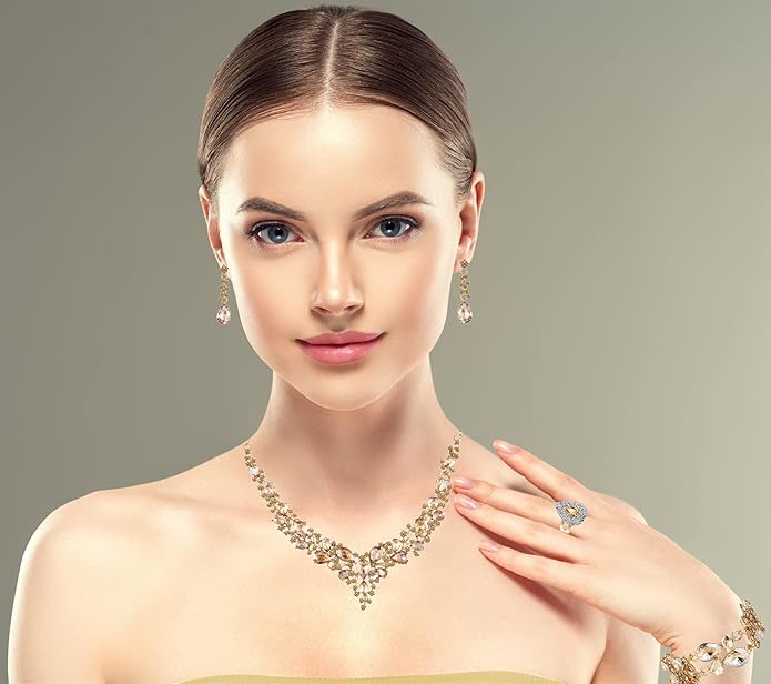 Paxuan Crystal Bridal Wedding Jewelry Sets for Women Rhinestone Teardrop Crystal Statement Choker Necklace Drop Earrings Link Bracelets Rings Teardrop Jewelry Set for Brides Bridesmaids