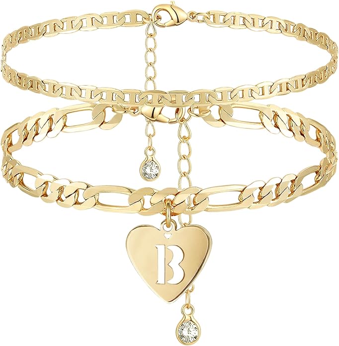 YANODA Initial Ankle Bracelets for Women, Layered Gold Anklets for Women 14k Real Gold Filled Figaro Letter Anklets for women waterproof Summer Jewelry Personalized Gifts for Women