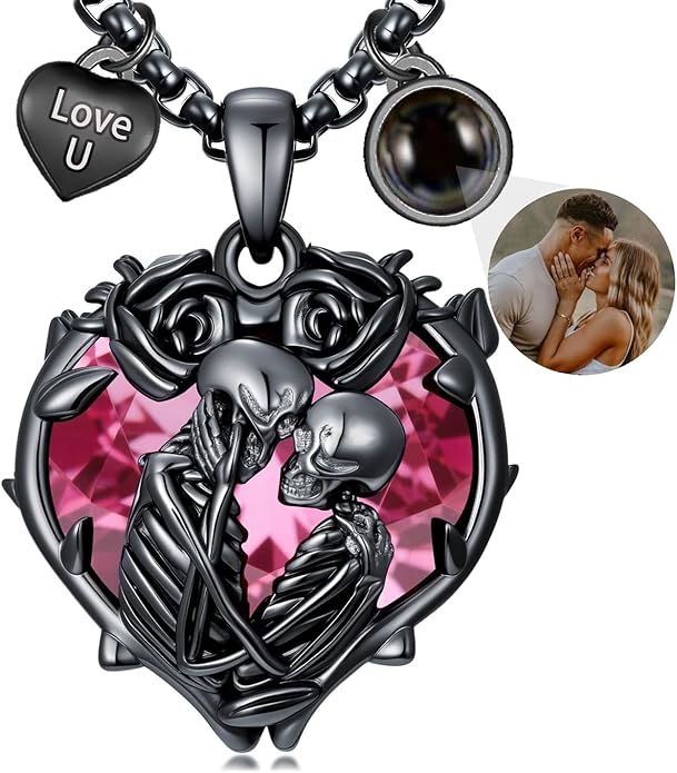 Flpruy 925 Sterling Silver Black Gothic Jewelry Gifts Skeleton Couple Pendant Crystal Birthstone Heart Necklace Punk Romantic Jewelry for Lover Men Women
