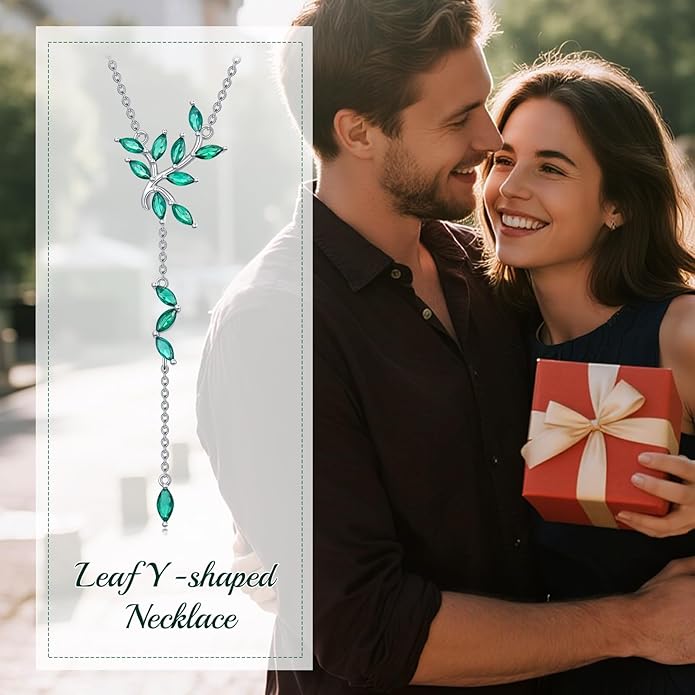 LONAGO Long Y-shaped Necklace for Women 925 Sterling Silver Leaf Pendant Cubic Zirconia Y Chain Necklace Jewelry Gift for Bride Wife