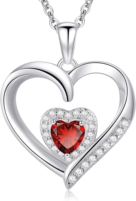GLIVEOR Heart Birthstone Necklace for Women,S925 Sterling Silver Necklace Birthstone Necklace Heart Necklace for Women Birthday Jewelry Gifts for Women